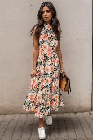 🌺 Printed Tiered Pocketed Mock Neck Midi Dress 🌺