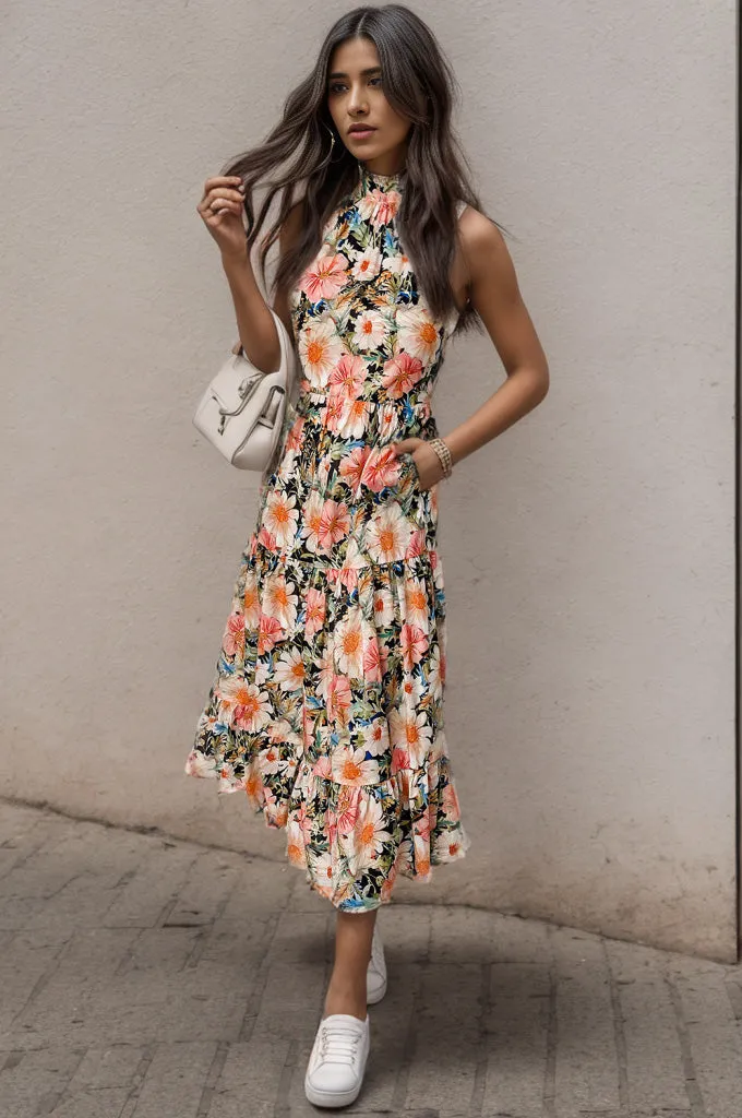 🌺 Printed Tiered Pocketed Mock Neck Midi Dress 🌺