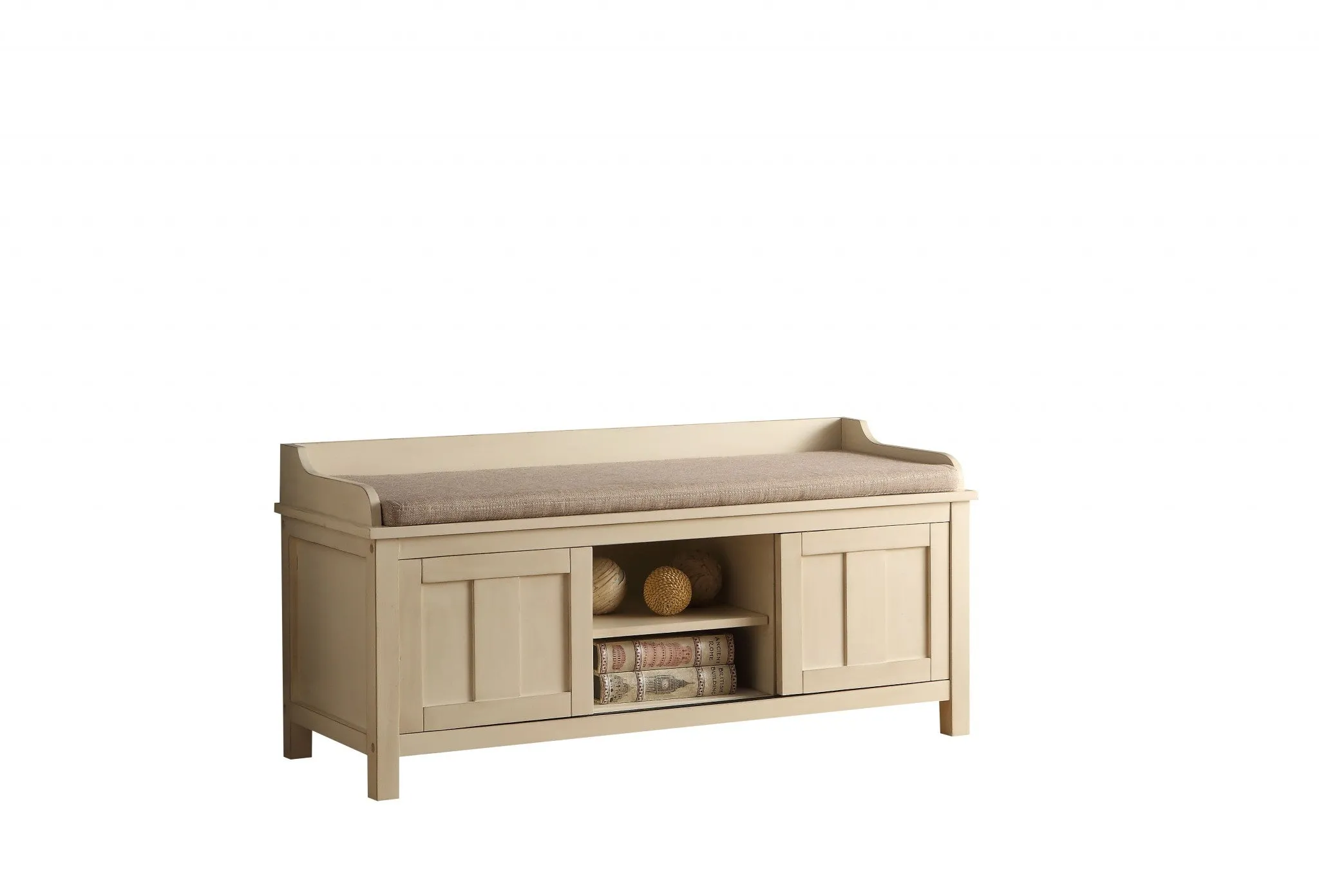 45" Cream Upholstered Linen Blend Bench with Cabinet