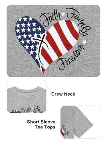 4th of July Shirts Women Faith Family Freedom Tshirt American Flag T Shirts Star Stripes Patriotic Shirts Top