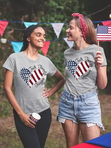 4th of July Shirts Women Faith Family Freedom Tshirt American Flag T Shirts Star Stripes Patriotic Shirts Top