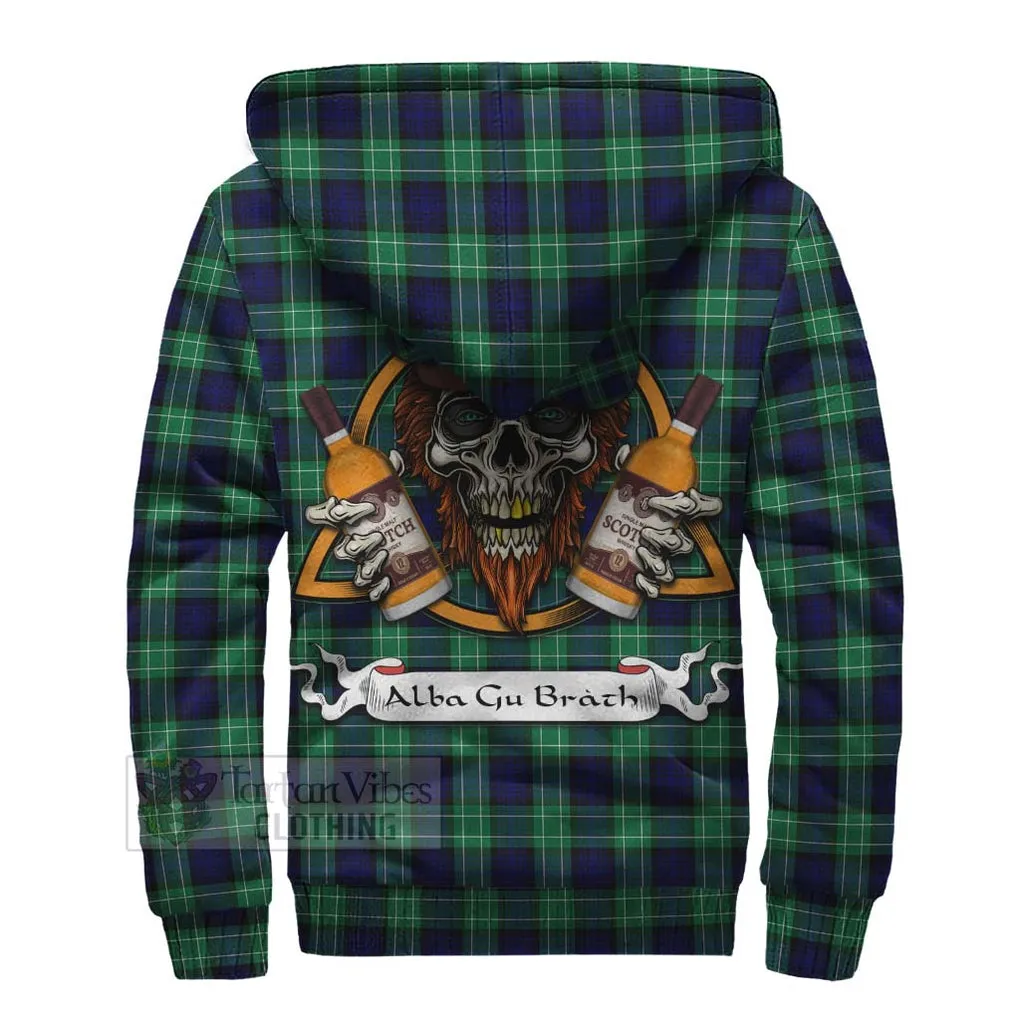 Abercrombie Tartan Sherpa Hoodie with Family Crest and Bearded Skull Holding Bottles of Whiskey