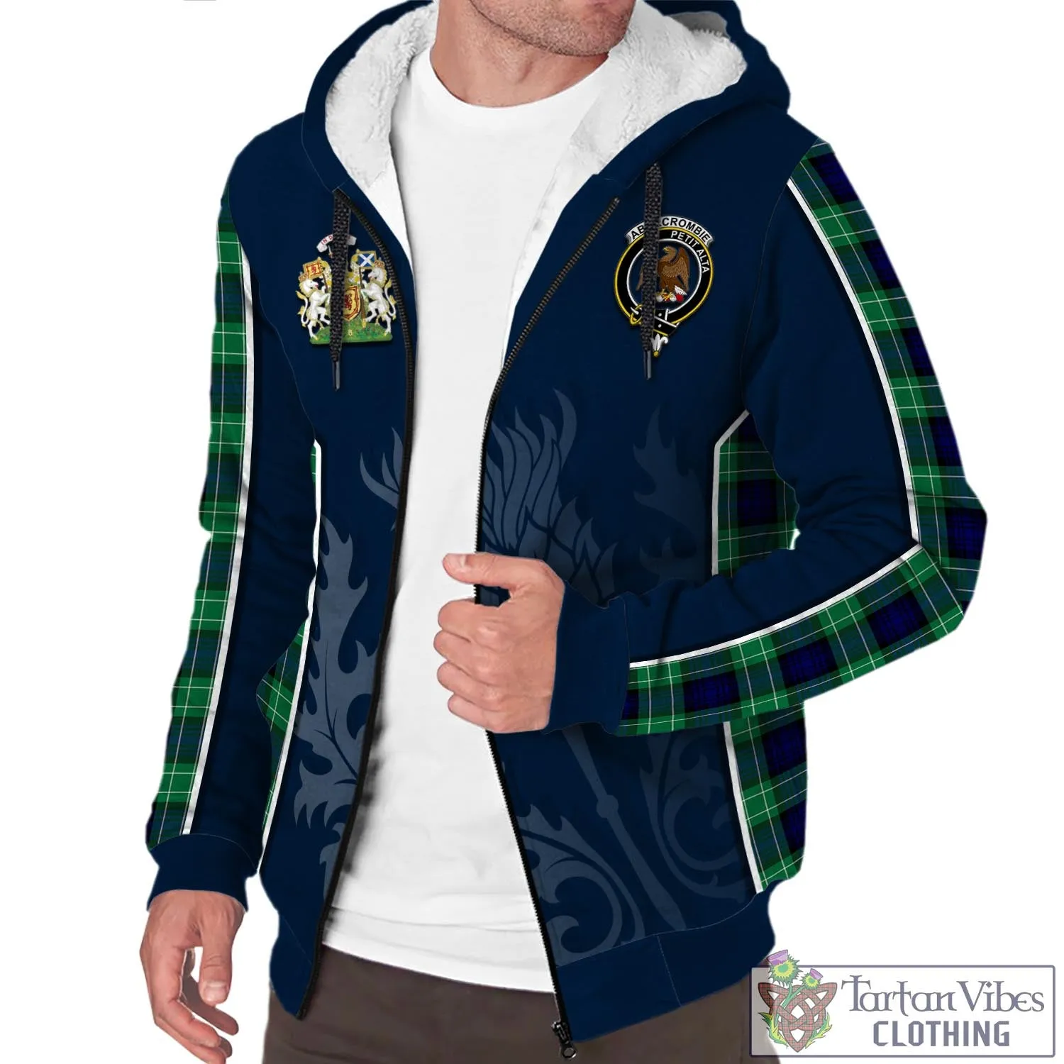 Abercrombie Tartan Sherpa Hoodie with Family Crest and Scottish Thistle Vibes Sport Style