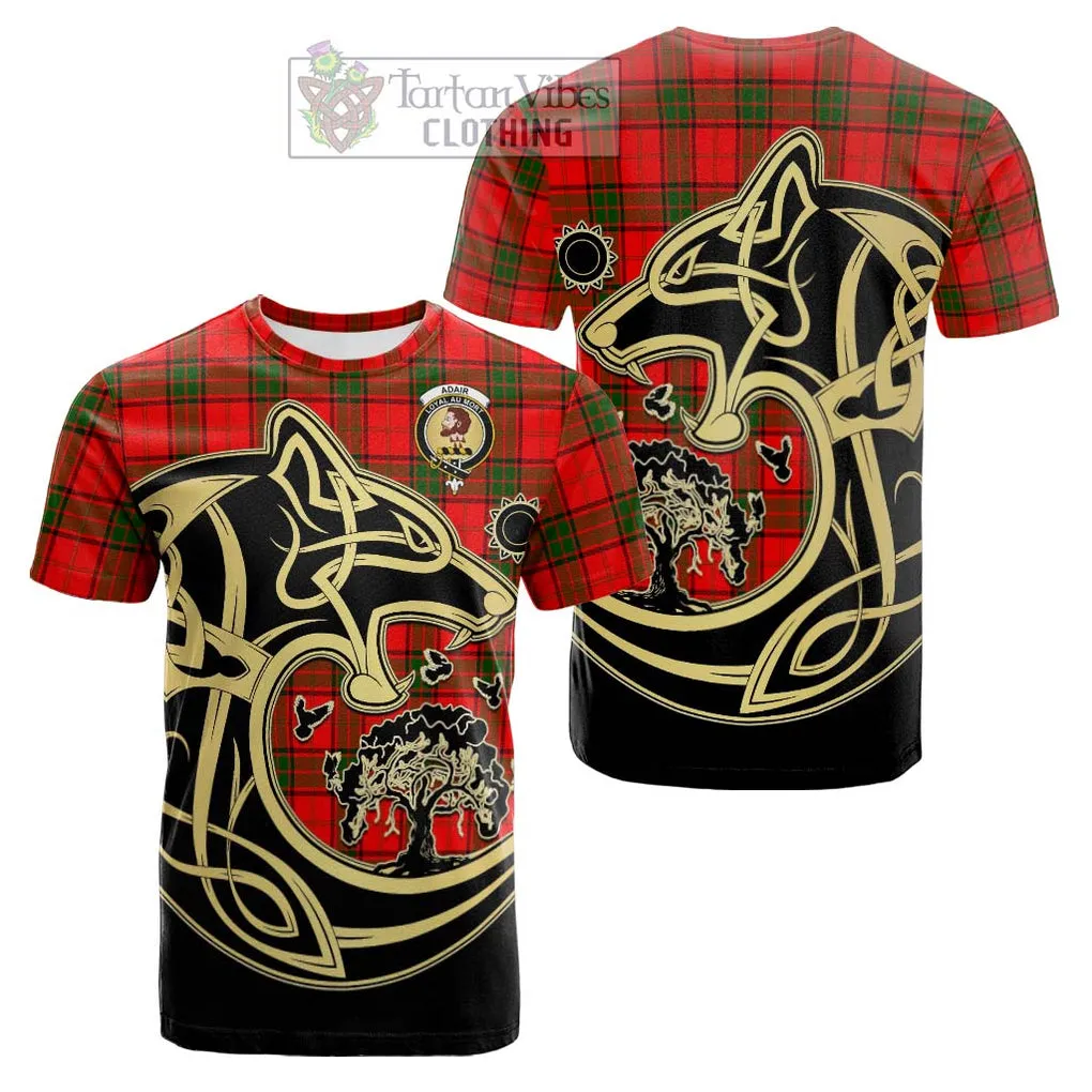 Adair Tartan Cotton T-shirt with Family Crest Celtic Wolf Style