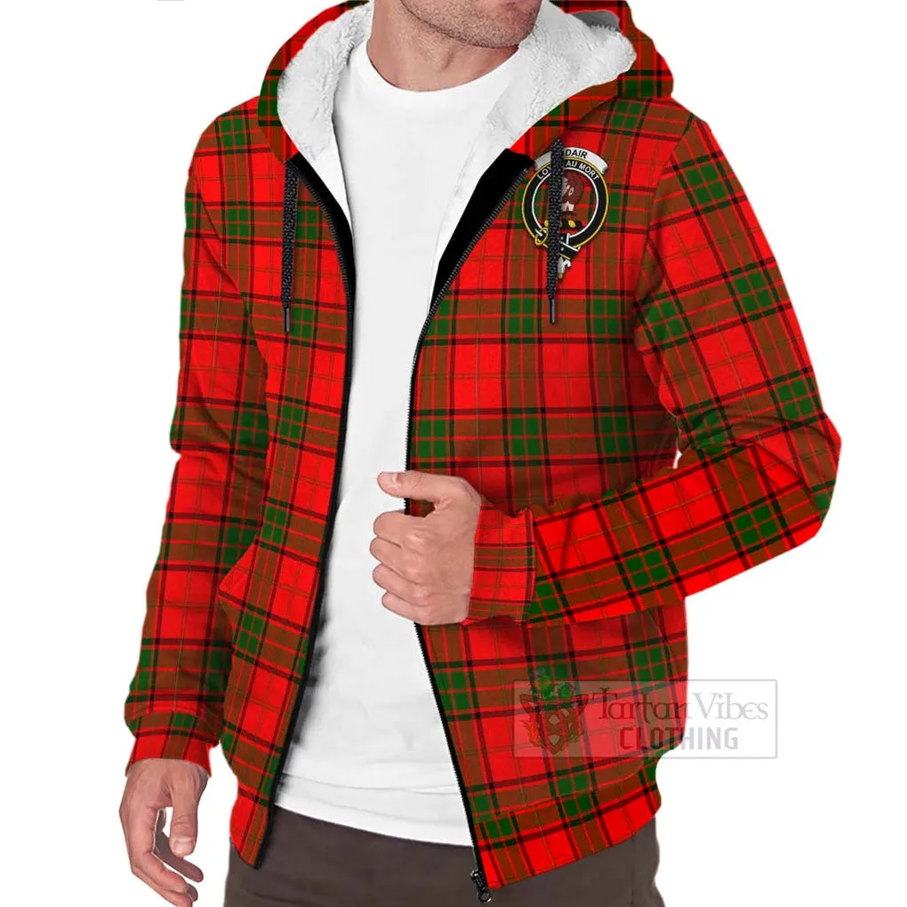 Adair Tartan Sherpa Hoodie with Family Crest and Bearded Skull Holding Bottles of Whiskey