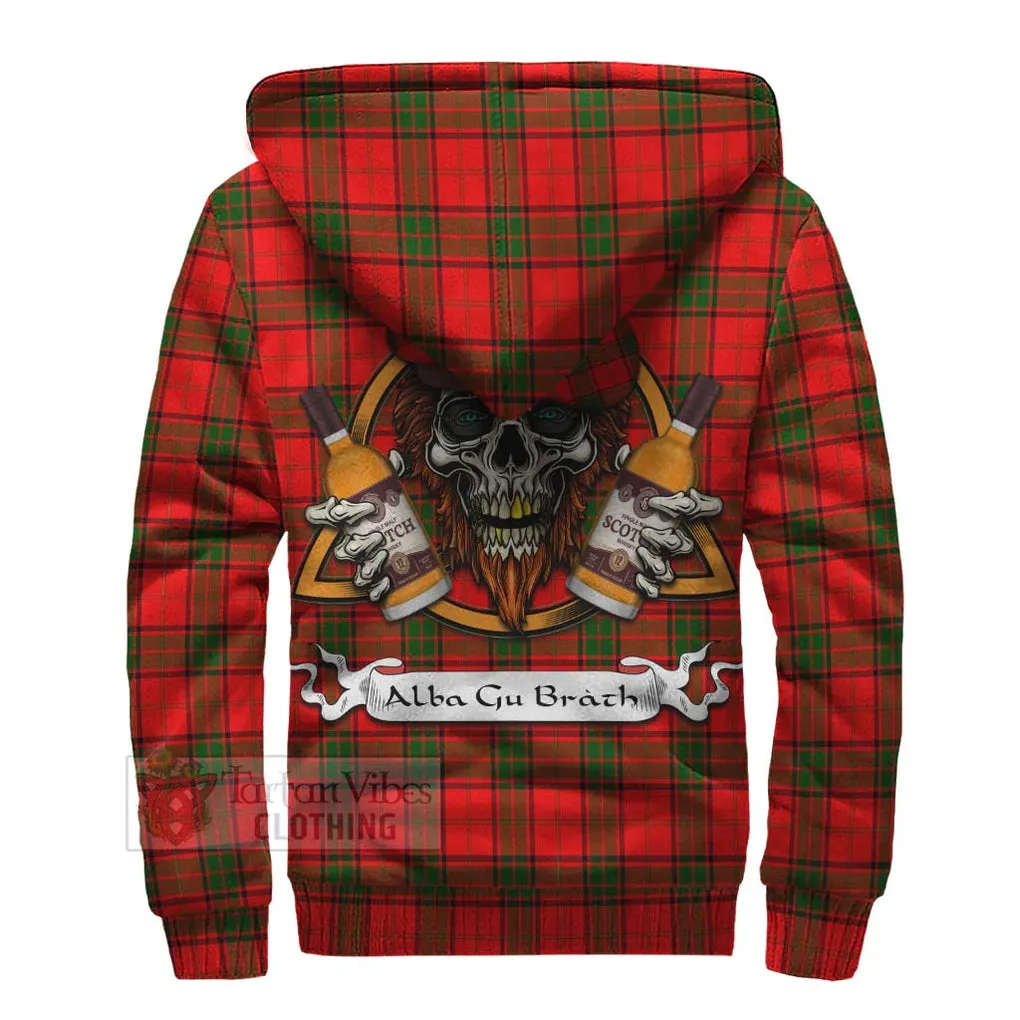 Adair Tartan Sherpa Hoodie with Family Crest and Bearded Skull Holding Bottles of Whiskey