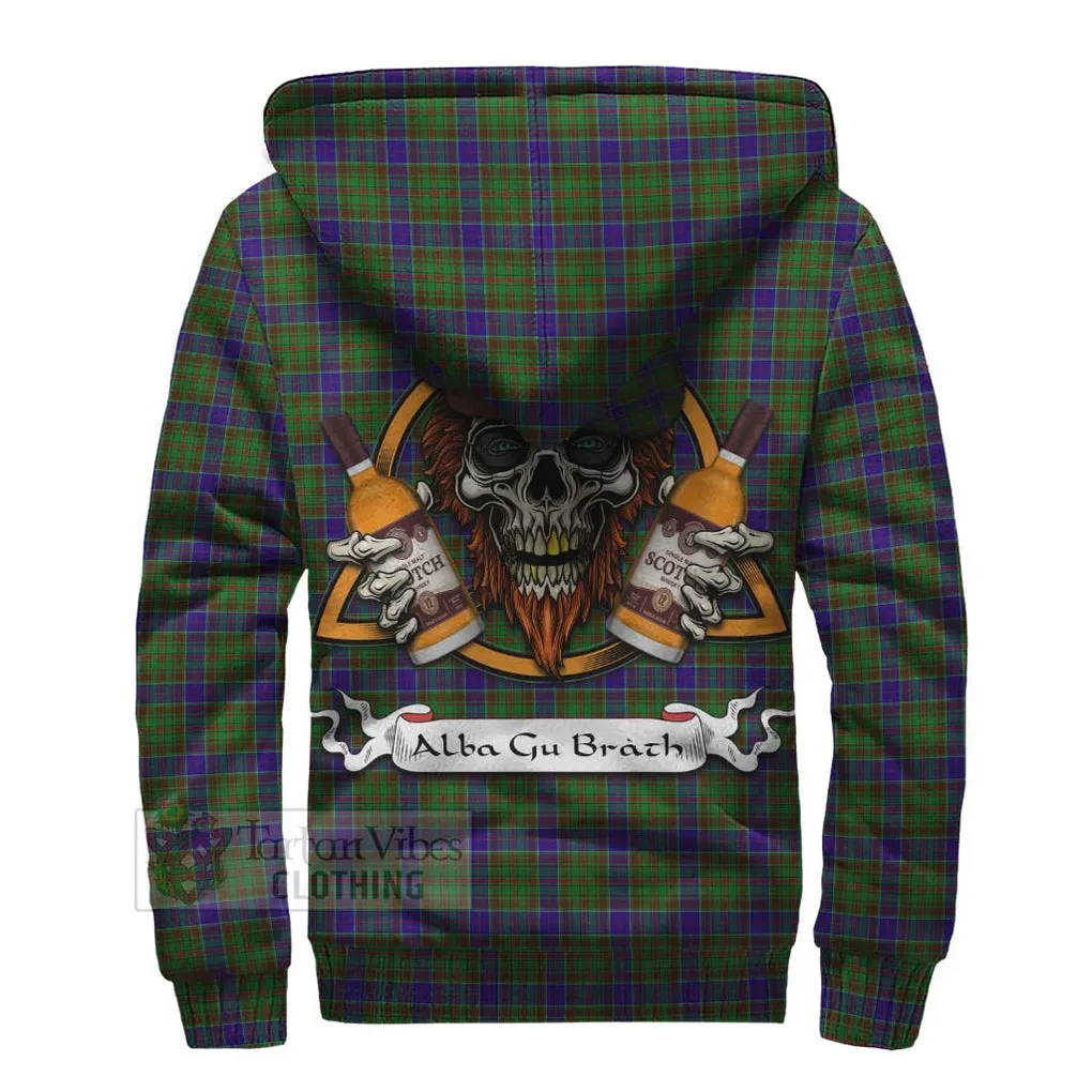 Adam Tartan Sherpa Hoodie with Family Crest and Bearded Skull Holding Bottles of Whiskey