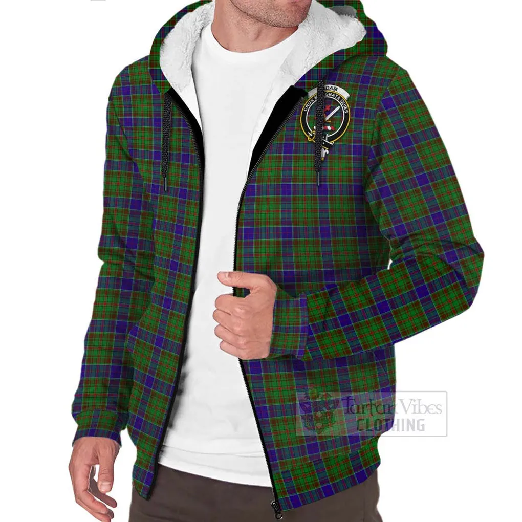 Adam Tartan Sherpa Hoodie with Family Crest and Bearded Skull Holding Bottles of Whiskey