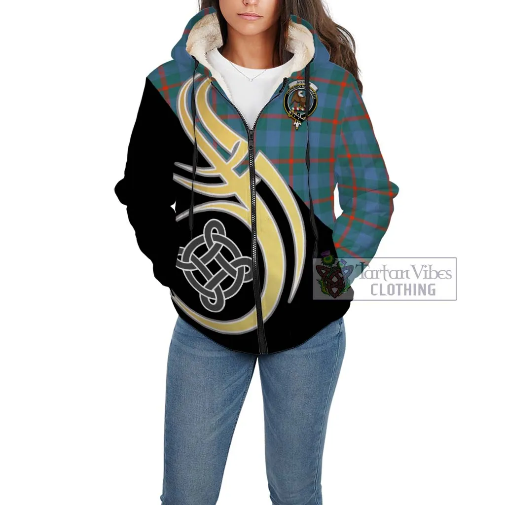 Agnew Ancient Tartan Sherpa Hoodie with Family Crest and Celtic Symbol Style