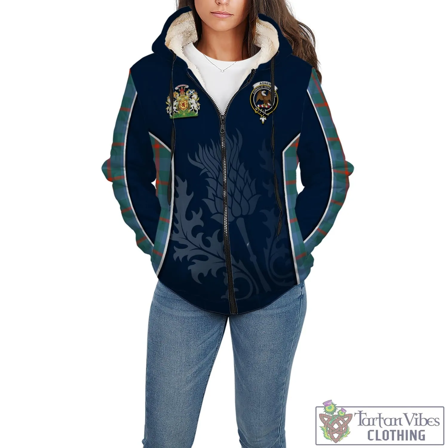 Agnew Ancient Tartan Sherpa Hoodie with Family Crest and Scottish Thistle Vibes Sport Style