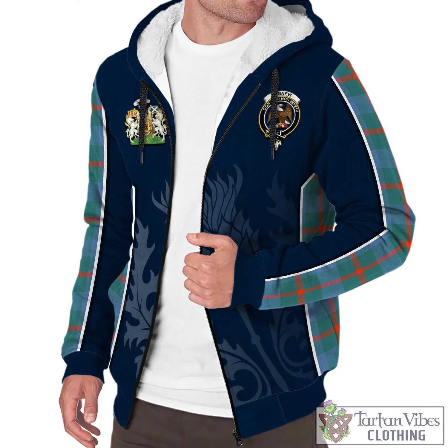 Agnew Ancient Tartan Sherpa Hoodie with Family Crest and Scottish Thistle Vibes Sport Style