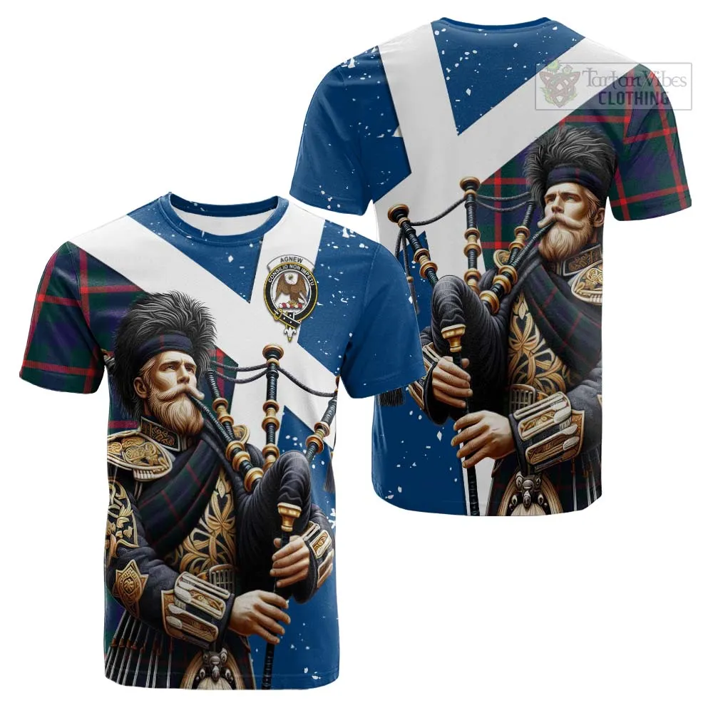 Agnew Tartan Cotton T-shirt with Family Crest Scottish Bagpiper Vibes