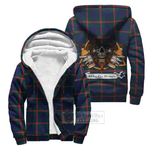 Agnew Tartan Sherpa Hoodie with Family Crest and Bearded Skull Holding Bottles of Whiskey