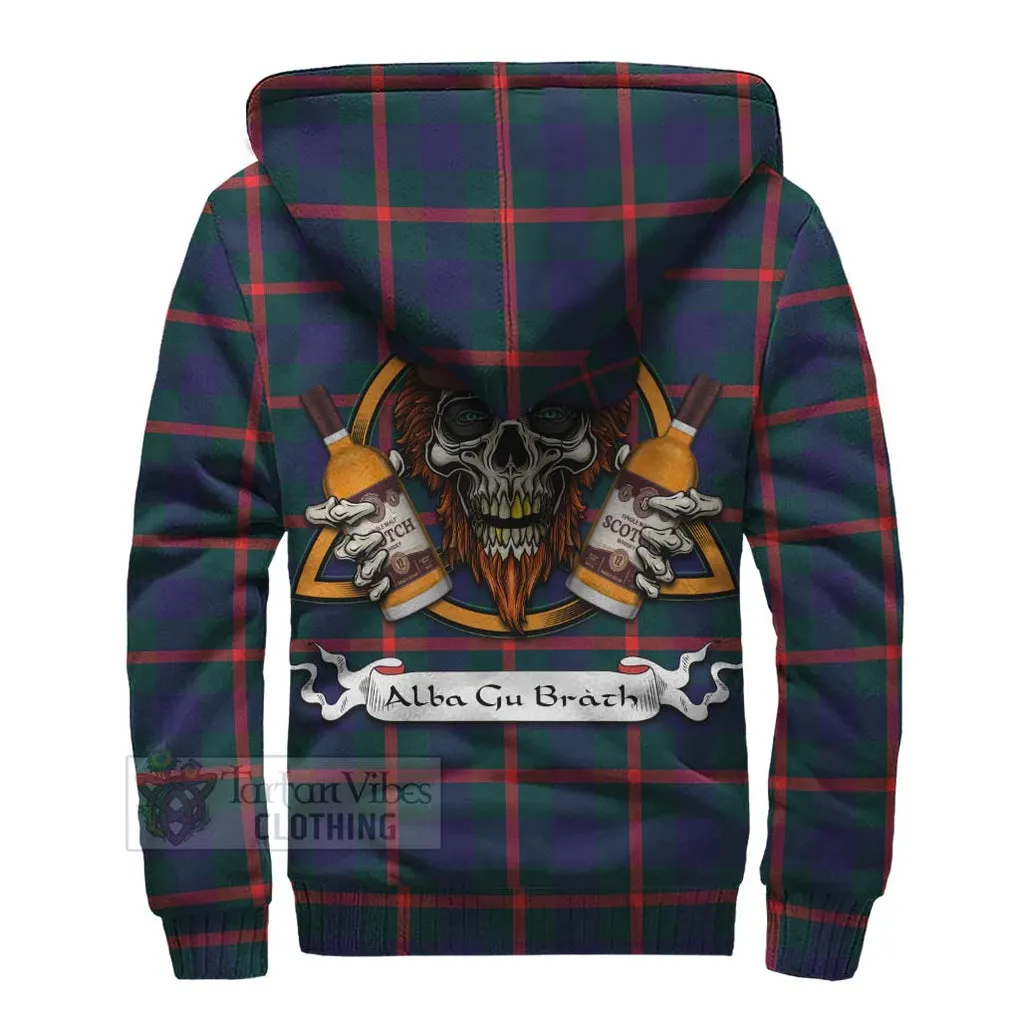 Agnew Tartan Sherpa Hoodie with Family Crest and Bearded Skull Holding Bottles of Whiskey