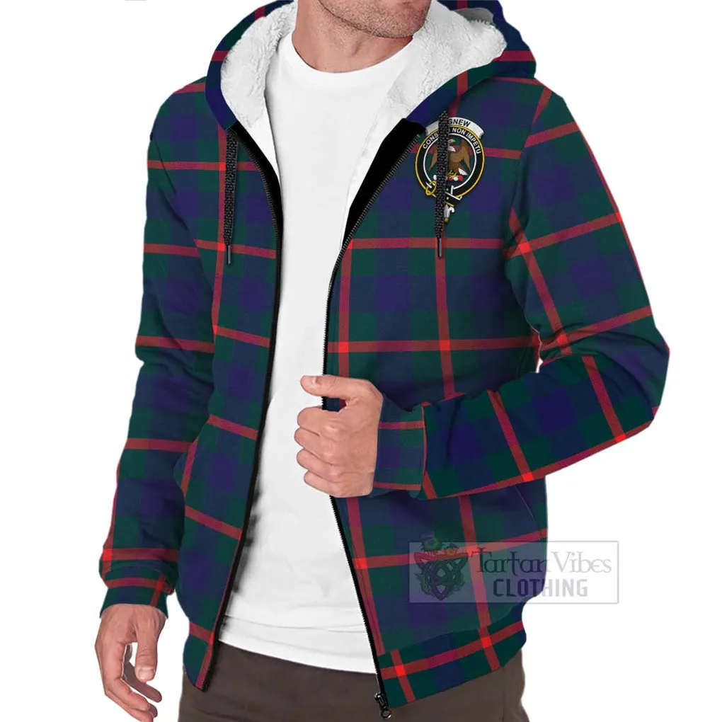 Agnew Tartan Sherpa Hoodie with Family Crest and Bearded Skull Holding Bottles of Whiskey