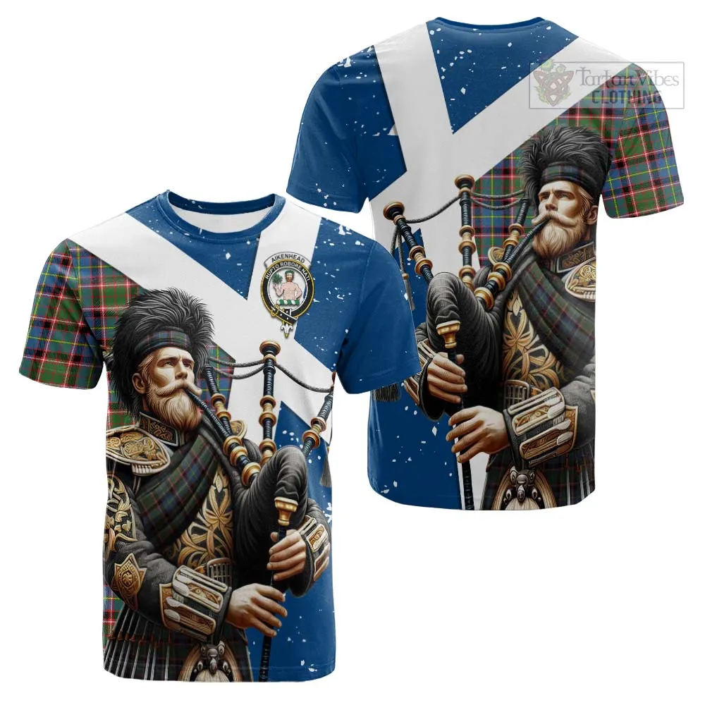 Aikenhead Tartan Cotton T-shirt with Family Crest Scottish Bagpiper Vibes