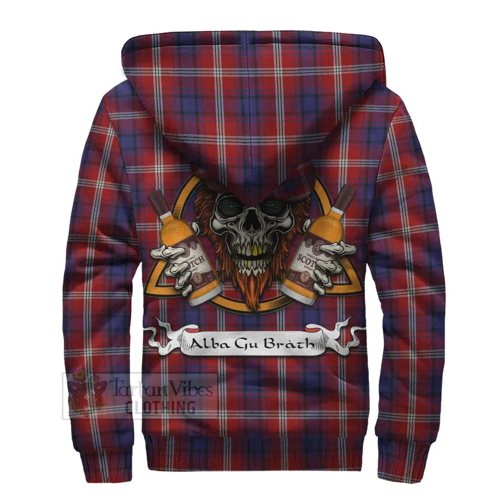 Ainslie Tartan Sherpa Hoodie with Family Crest and Bearded Skull Holding Bottles of Whiskey