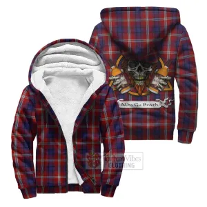 Ainslie Tartan Sherpa Hoodie with Family Crest and Bearded Skull Holding Bottles of Whiskey