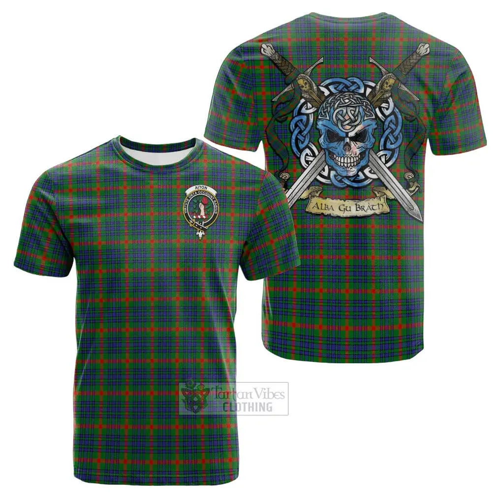 Aiton Tartan Cotton T-shirt with Family Crest Celtic Skull Style