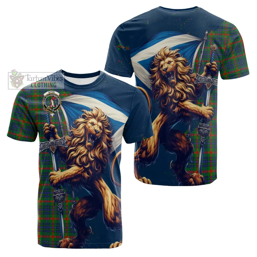 Aiton Tartan Family Crest Cotton T-shirt with Scottish Majestic Lion