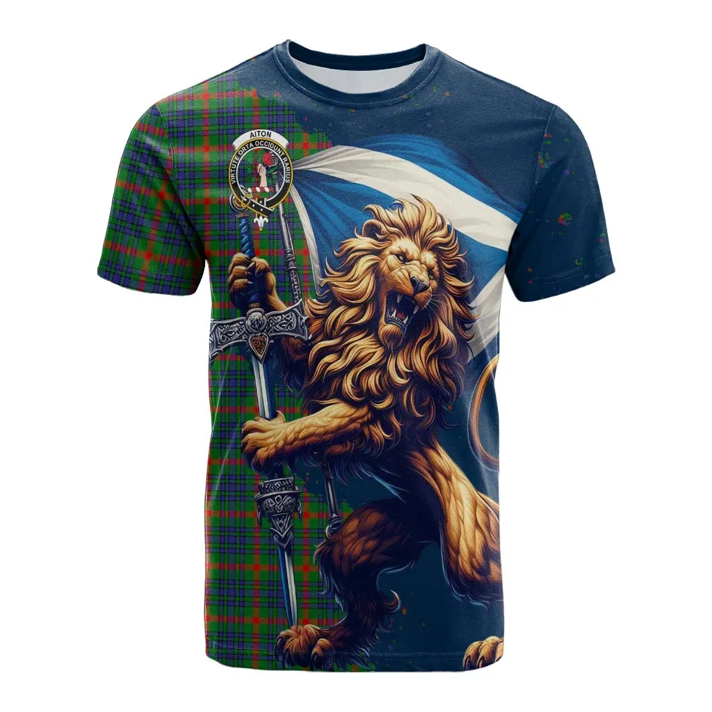 Aiton Tartan Family Crest Cotton T-shirt with Scottish Majestic Lion