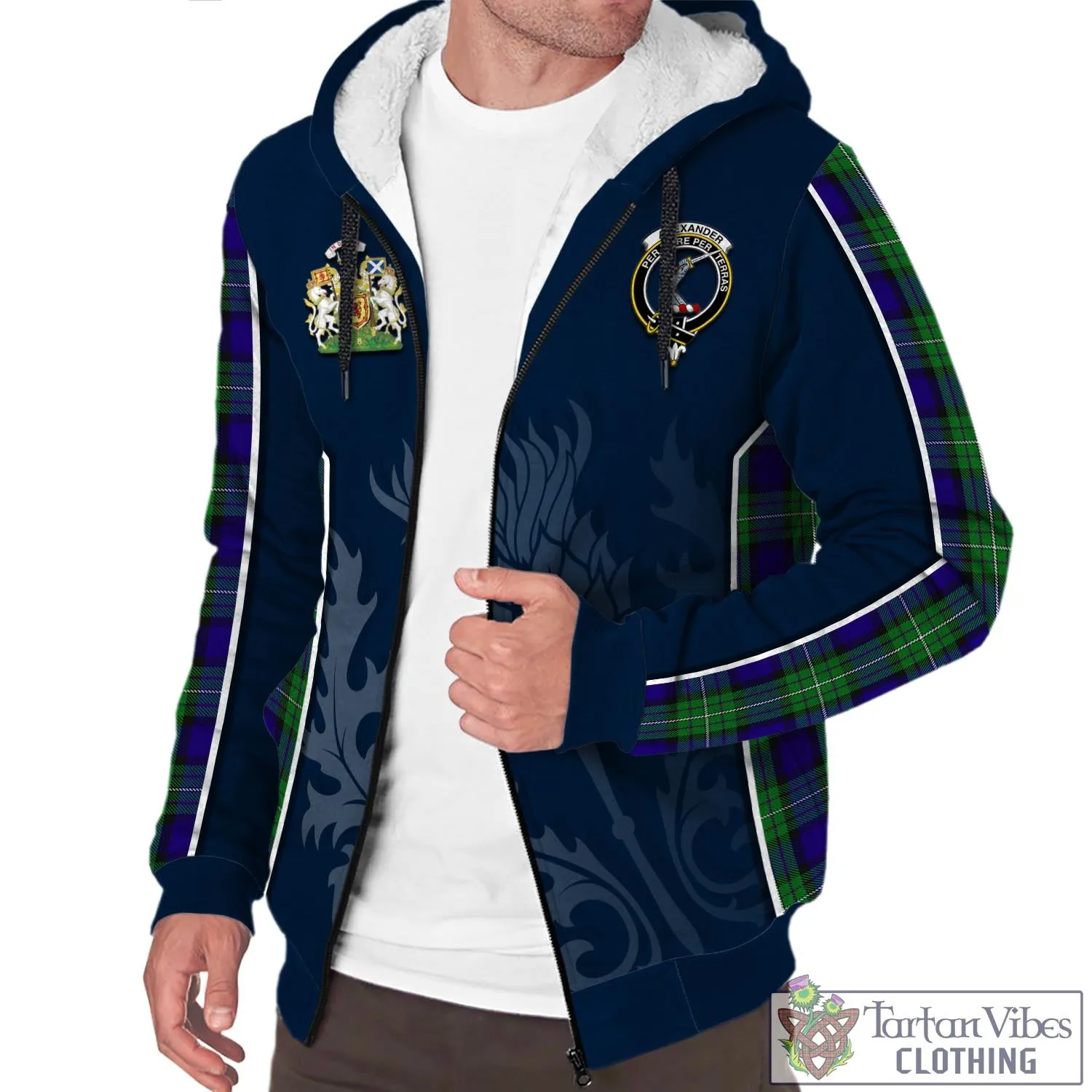 Alexander Tartan Sherpa Hoodie with Family Crest and Scottish Thistle Vibes Sport Style