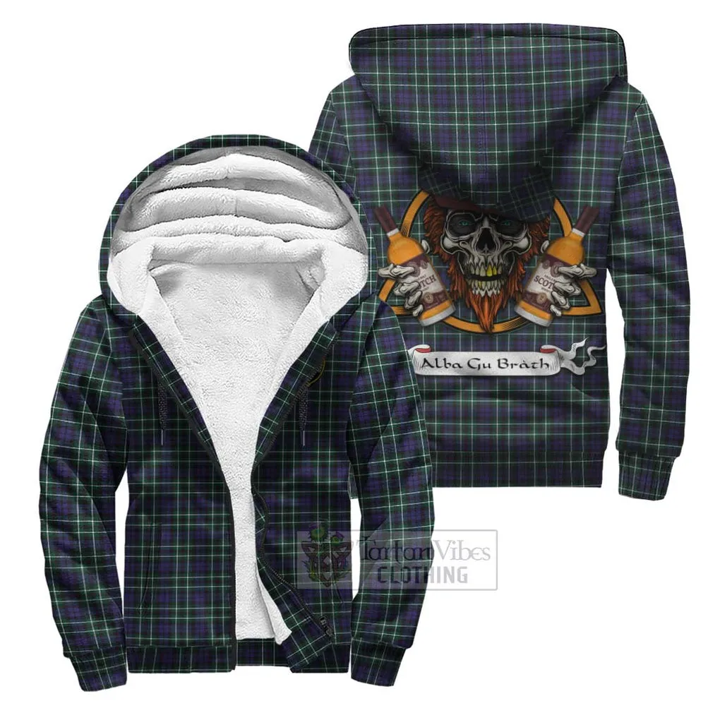 Allardice Tartan Sherpa Hoodie with Family Crest and Bearded Skull Holding Bottles of Whiskey