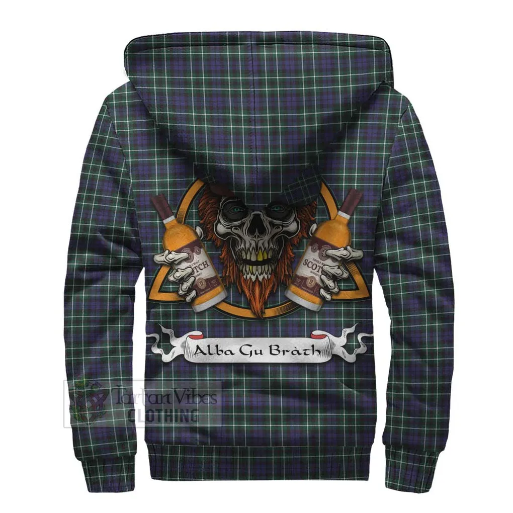 Allardice Tartan Sherpa Hoodie with Family Crest and Bearded Skull Holding Bottles of Whiskey