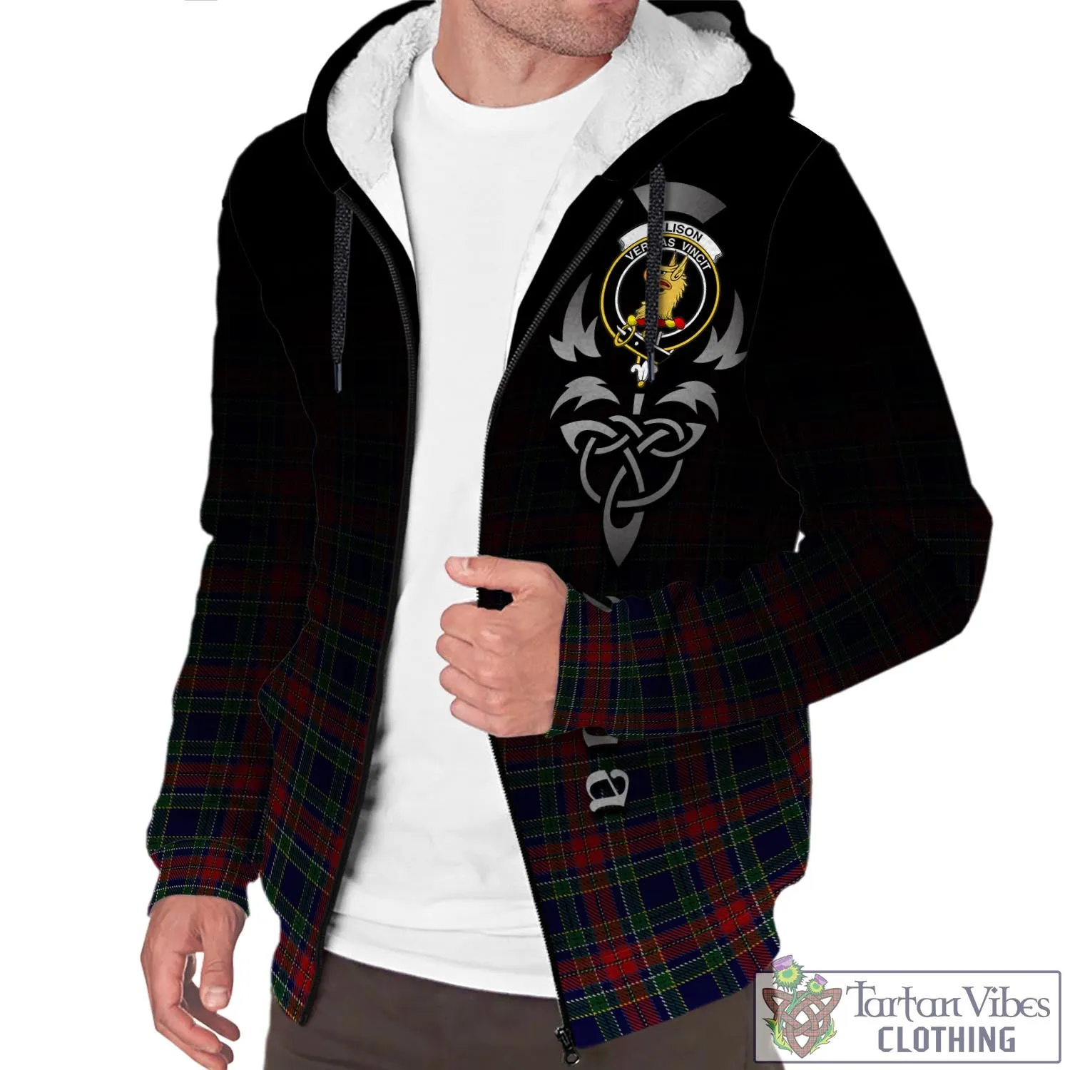 Allison Red Tartan Sherpa Hoodie Featuring Alba Gu Brath Family Crest Celtic Inspired