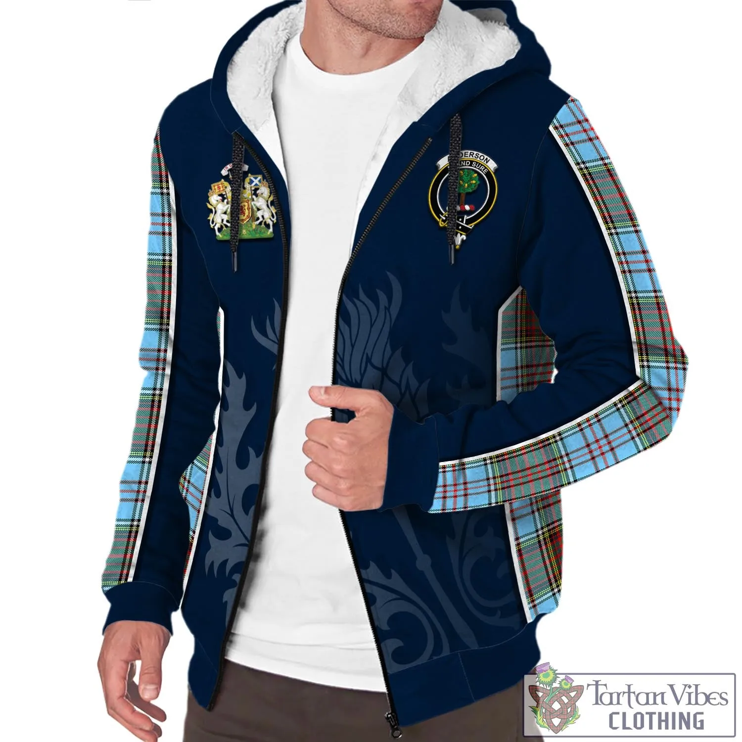 Anderson Ancient Tartan Sherpa Hoodie with Family Crest and Scottish Thistle Vibes Sport Style