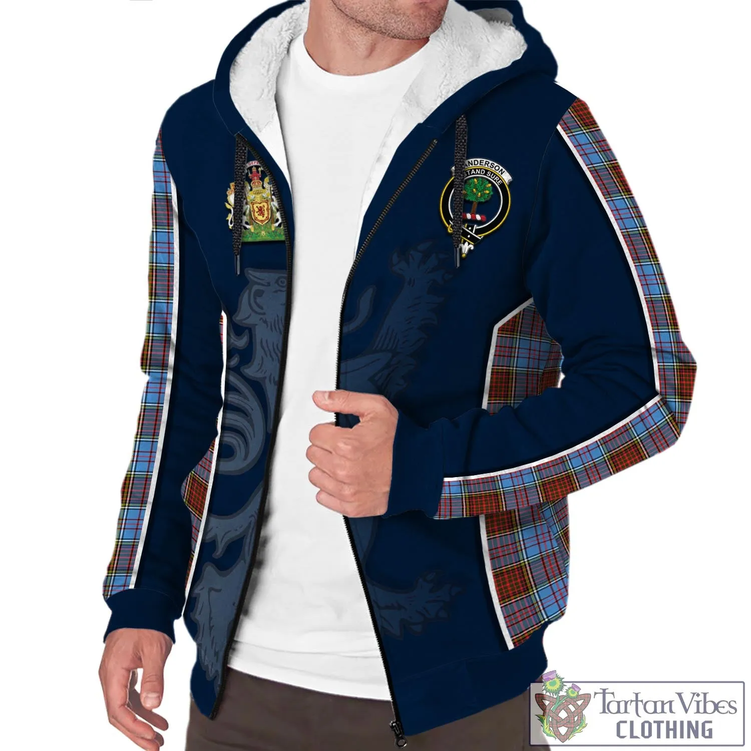 Anderson Modern Tartan Sherpa Hoodie with Family Crest and Lion Rampant Vibes Sport Style