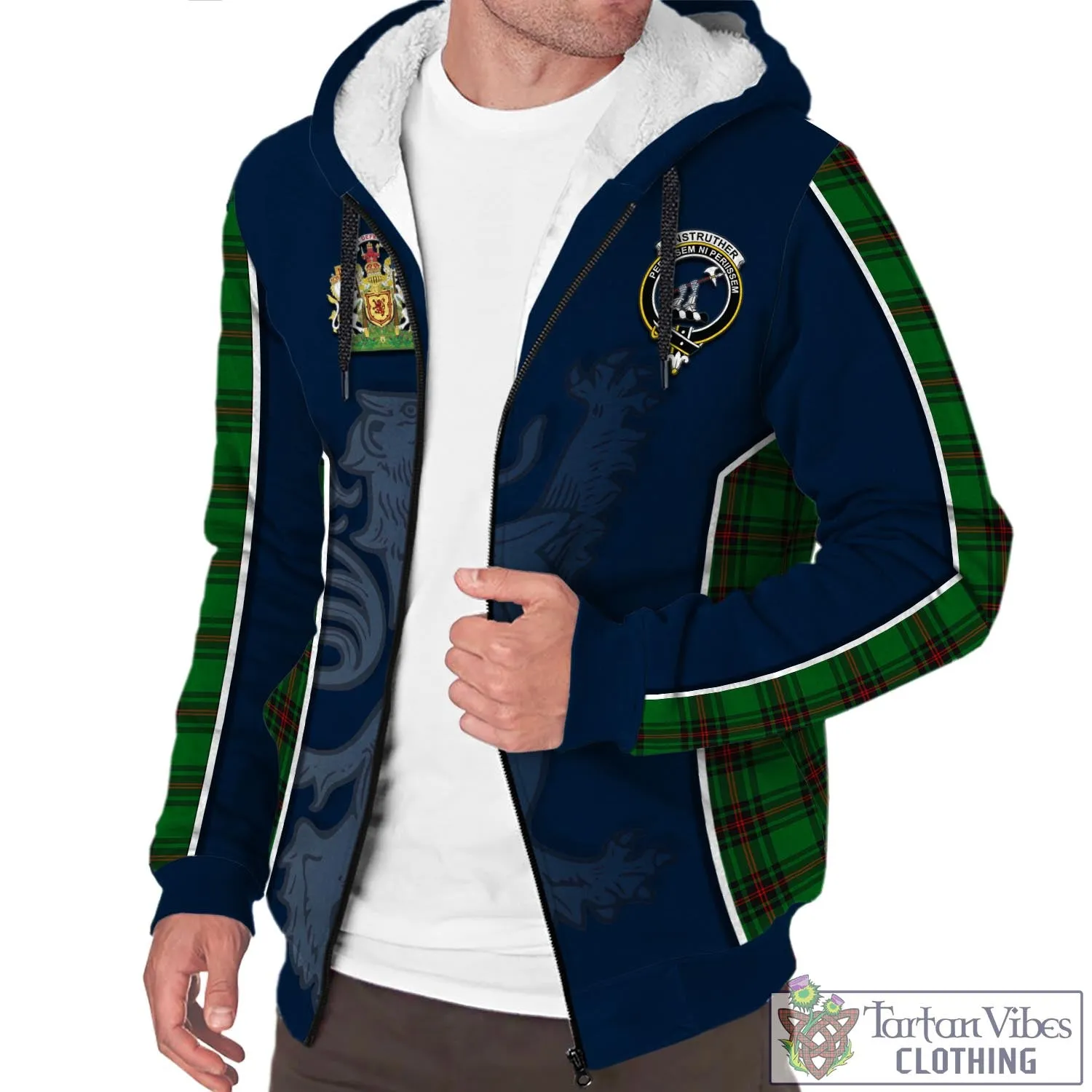 Anstruther Tartan Sherpa Hoodie with Family Crest and Lion Rampant Vibes Sport Style