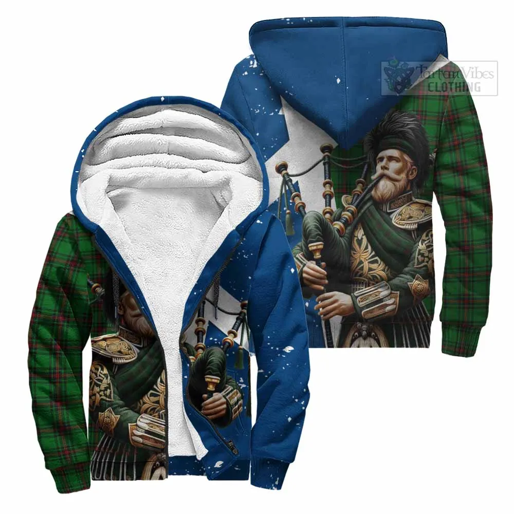 Anstruther Tartan Sherpa Hoodie with Family Crest Scottish Bagpiper Vibes