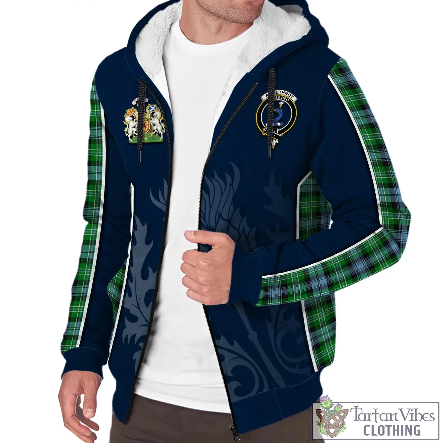 Arbuthnot Ancient Tartan Sherpa Hoodie with Family Crest and Scottish Thistle Vibes Sport Style