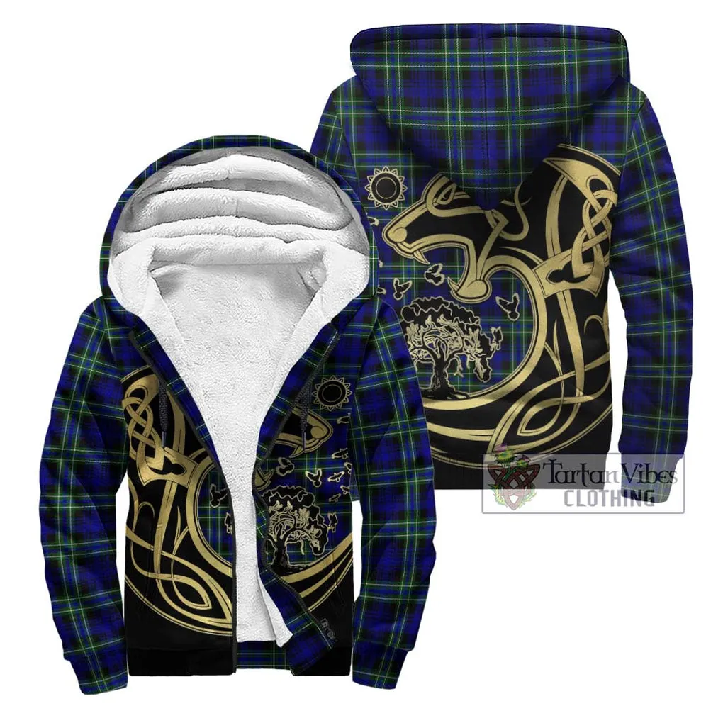 Arbuthnot Modern Tartan Sherpa Hoodie with Family Crest Celtic Wolf Style