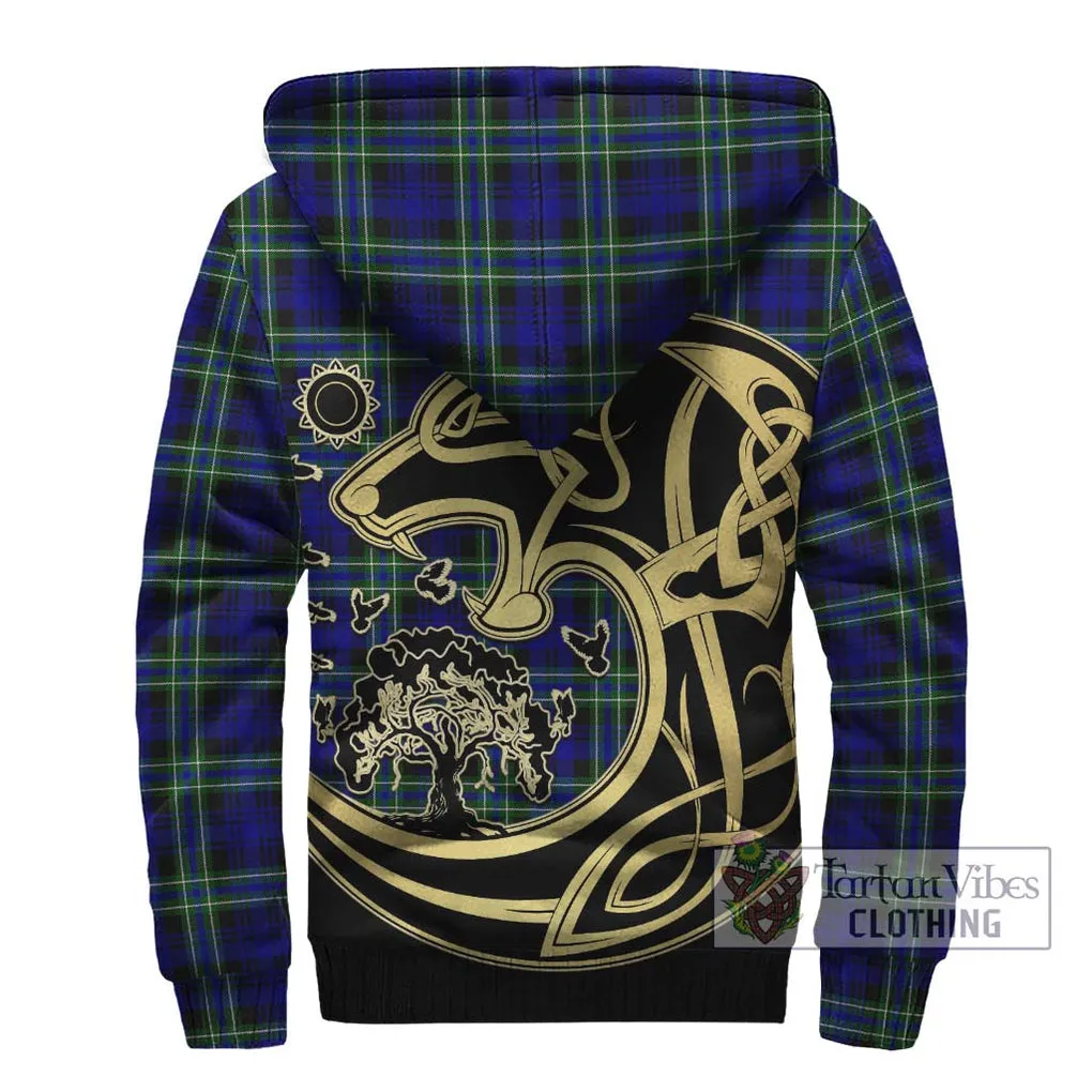 Arbuthnot Modern Tartan Sherpa Hoodie with Family Crest Celtic Wolf Style