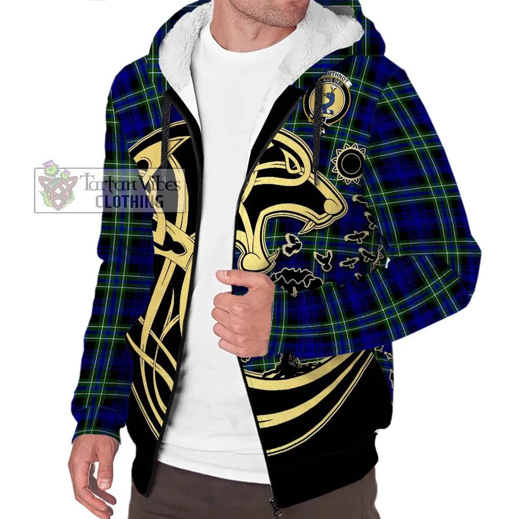 Arbuthnot Modern Tartan Sherpa Hoodie with Family Crest Celtic Wolf Style