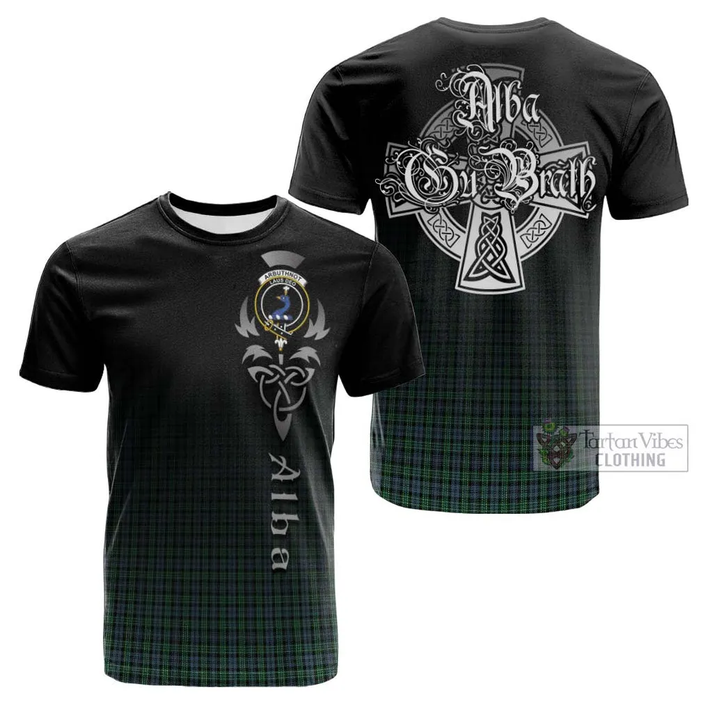 Arbuthnot Tartan Cotton T-shirt Featuring Alba Gu Brath Family Crest Celtic Inspired