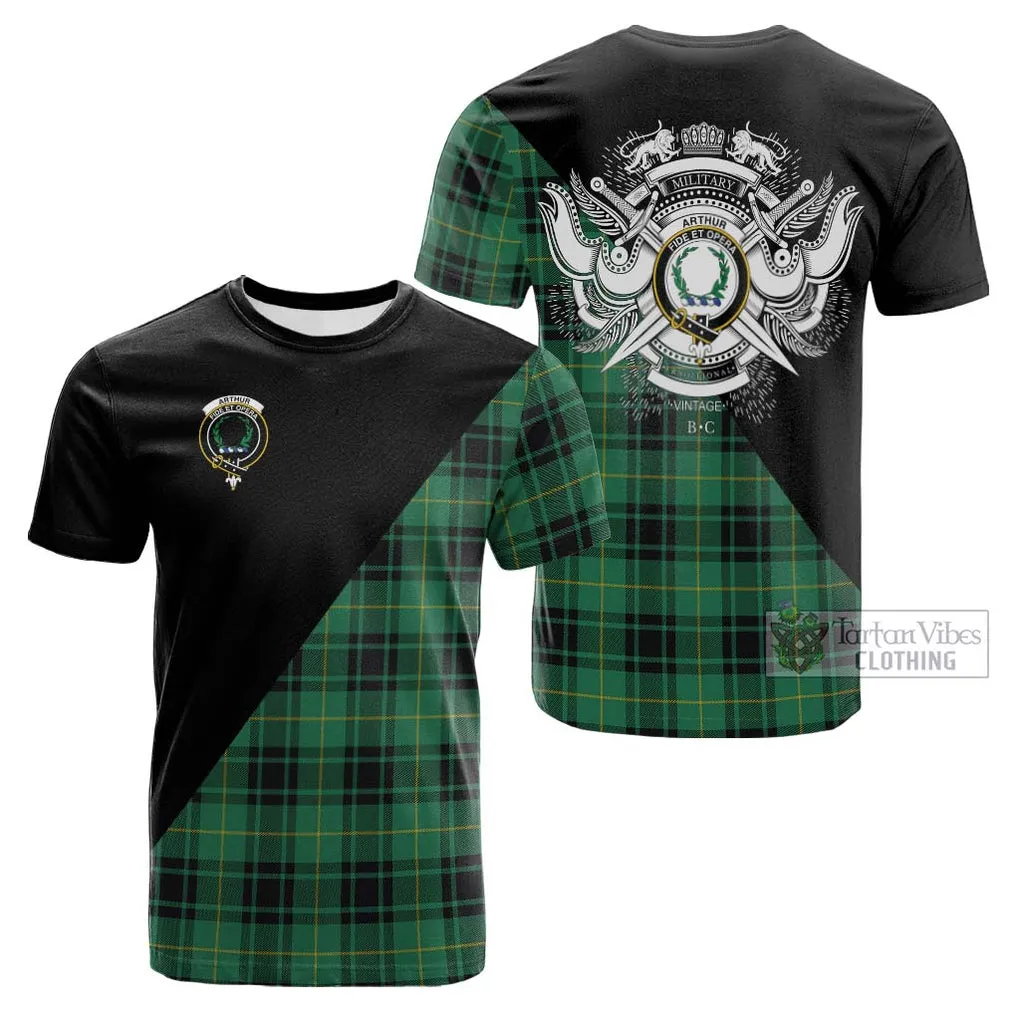 Arthur Ancient Tartan Cotton T-shirt with Family Crest and Military Logo Style