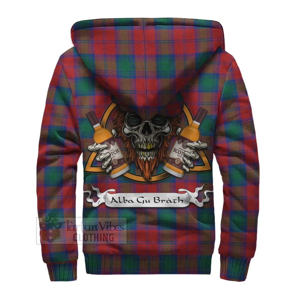 Auchinleck (Affleck) Tartan Sherpa Hoodie with Family Crest and Bearded Skull Holding Bottles of Whiskey