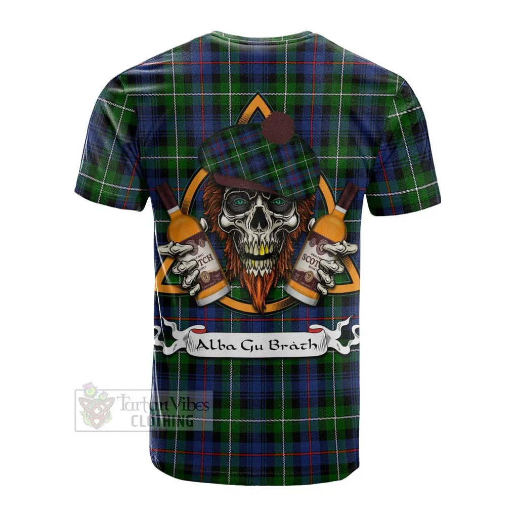 Baillie (Bailey) Tartan Cotton T-shirt with Family Crest and Bearded Skull Holding Bottles of Whiskey