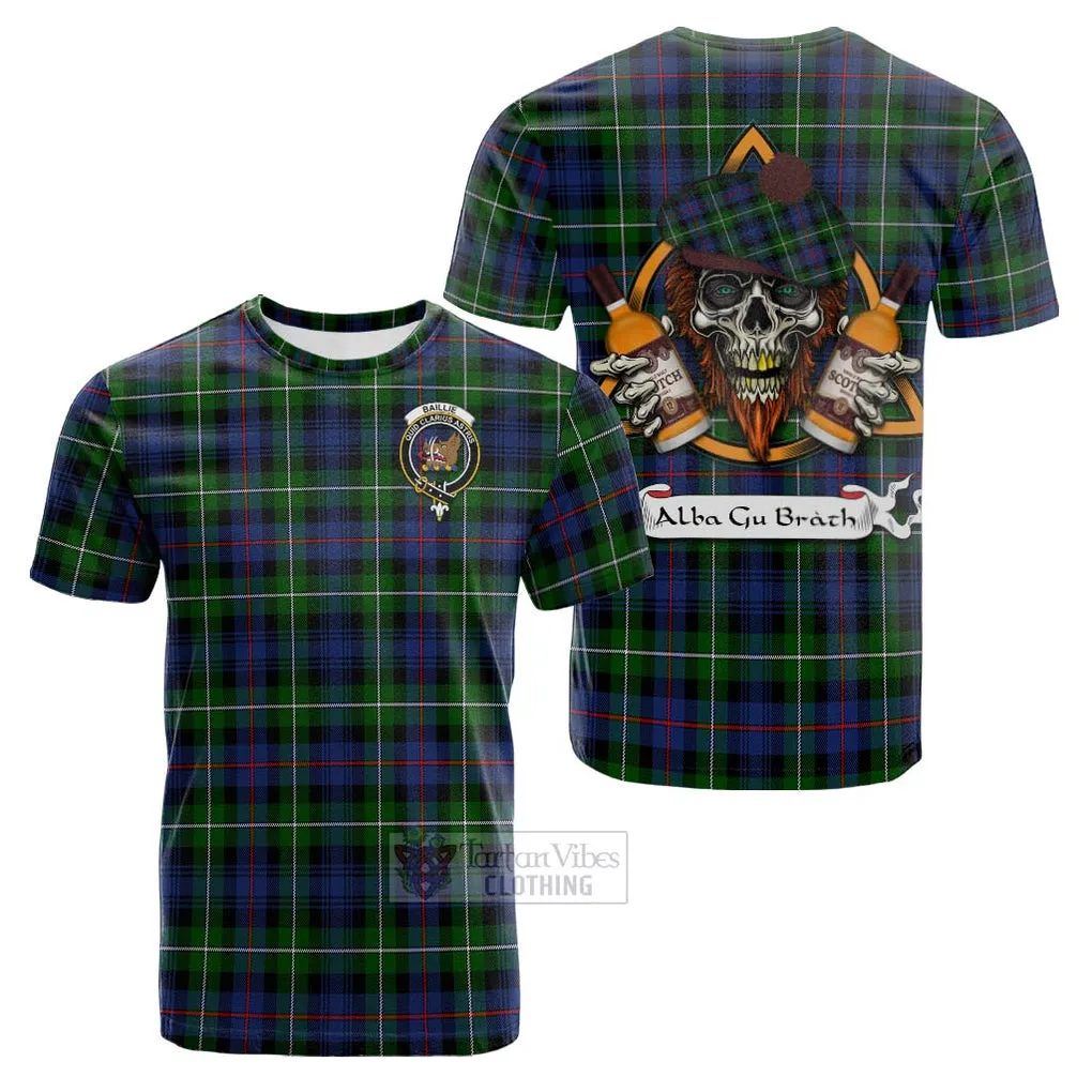 Baillie (Bailey) Tartan Cotton T-shirt with Family Crest and Bearded Skull Holding Bottles of Whiskey