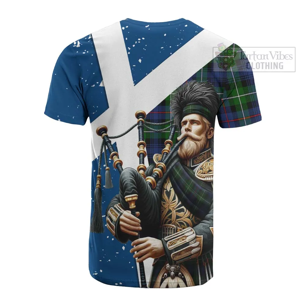 Baillie (Bailey) Tartan Cotton T-shirt with Family Crest Scottish Bagpiper Vibes