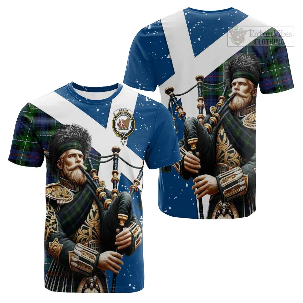 Baillie (Bailey) Tartan Cotton T-shirt with Family Crest Scottish Bagpiper Vibes