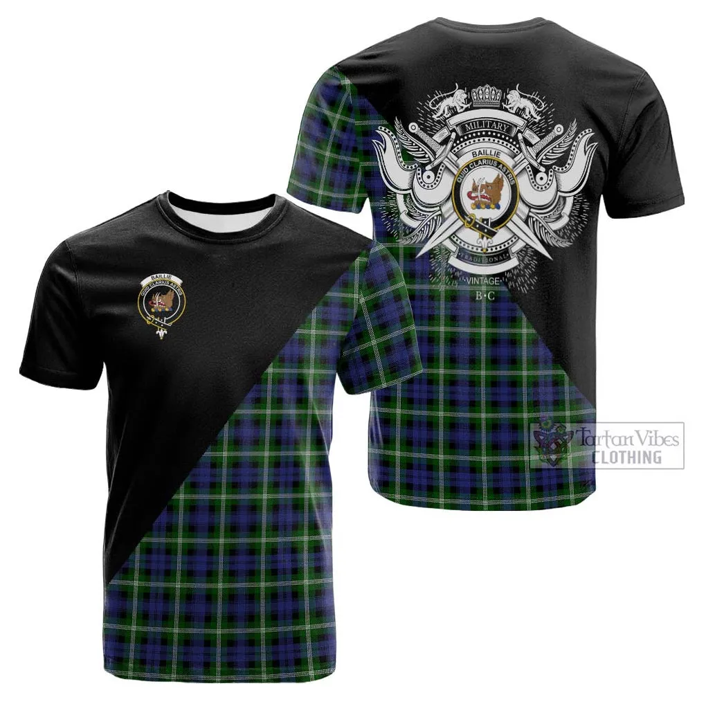 Baillie of Polkemmet Tartan Cotton T-shirt with Family Crest and Military Logo Style