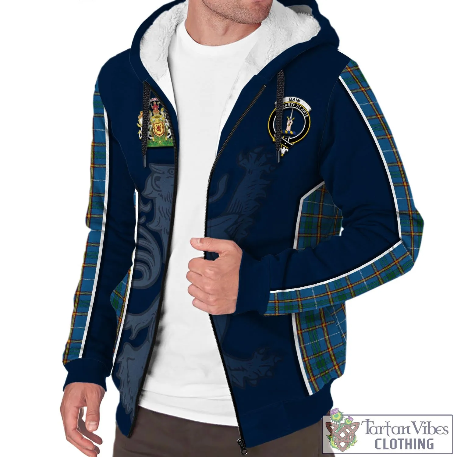 Bain Tartan Sherpa Hoodie with Family Crest and Lion Rampant Vibes Sport Style