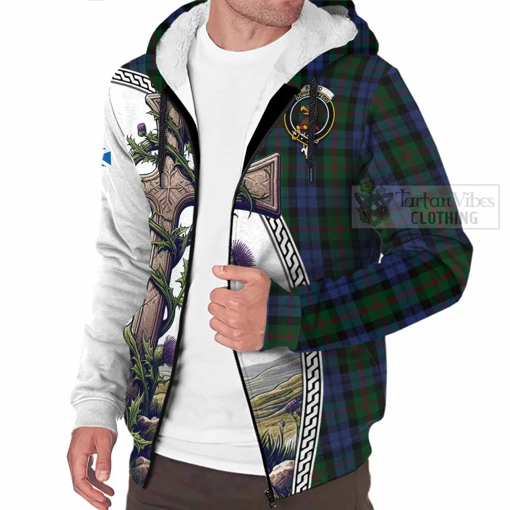 Baird Tartan Sherpa Hoodie with Family Crest and St. Andrew's Cross Accented by Thistle Vines