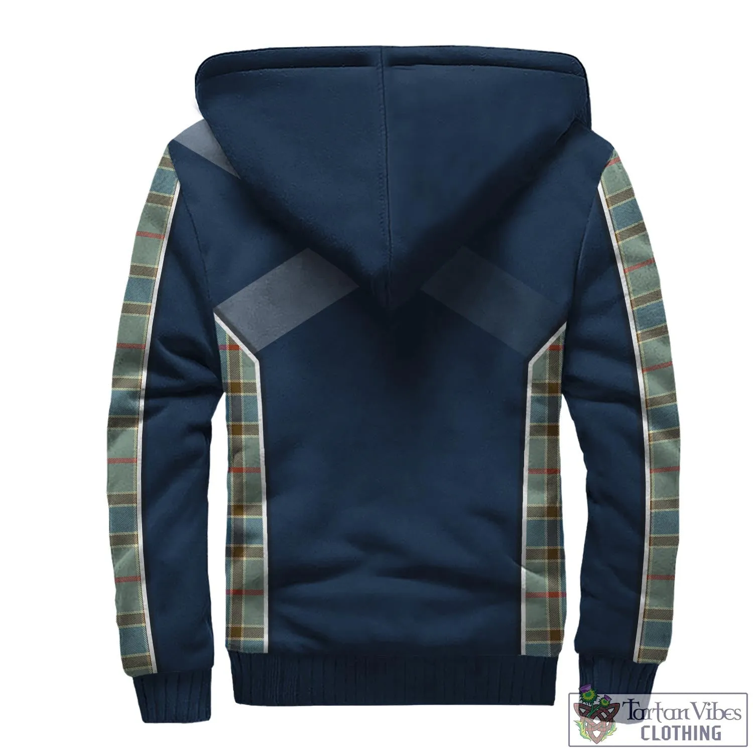 Balfour Blue Tartan Sherpa Hoodie with Family Crest and Scottish Thistle Vibes Sport Style