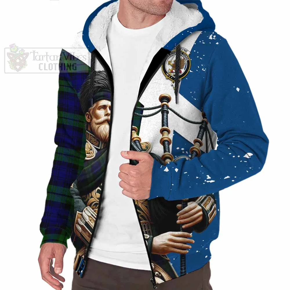 Bannatyne Tartan Sherpa Hoodie with Family Crest Scottish Bagpiper Vibes