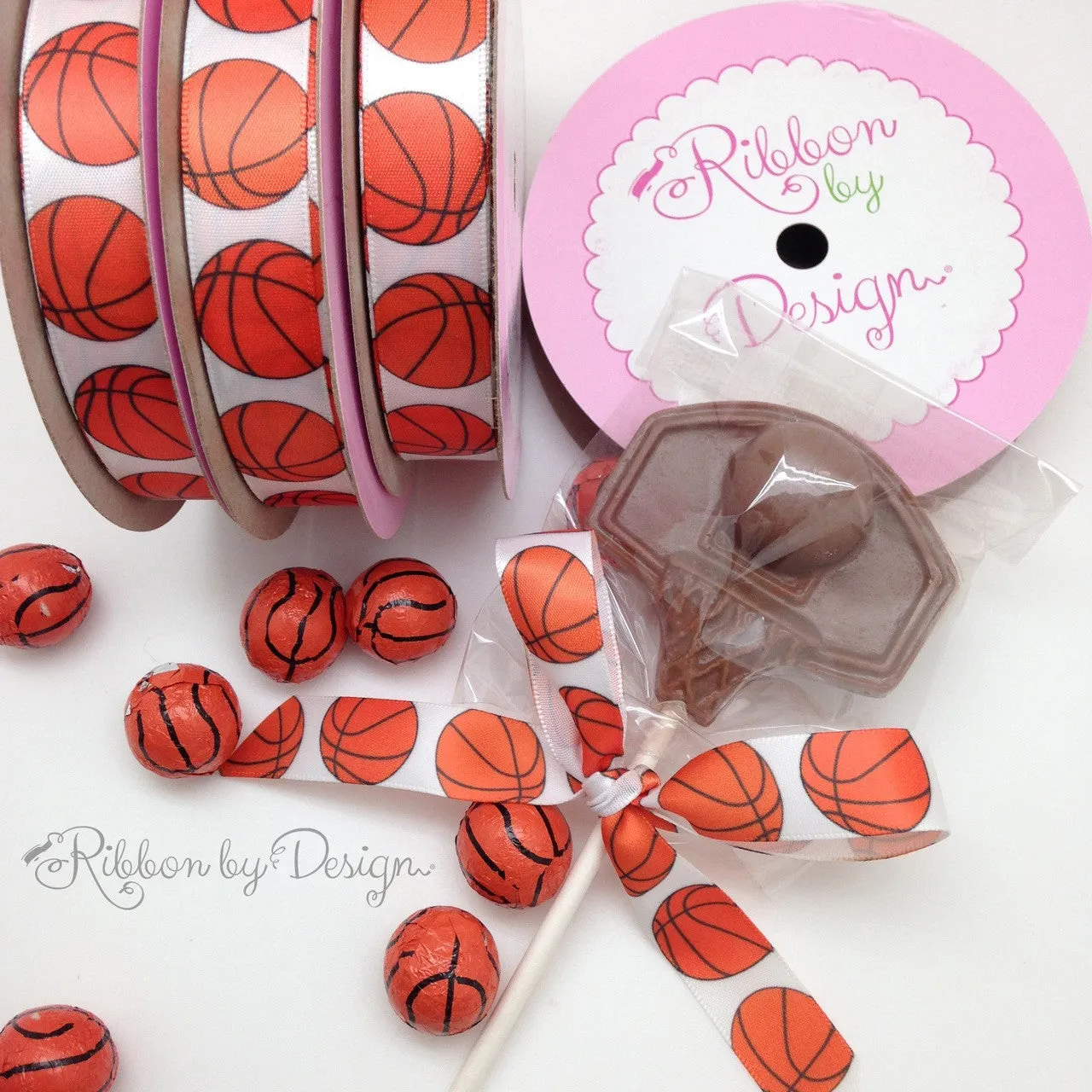 Basketball Ribbon orange and black basketballs printed on 5/8" white single face satin ribbon